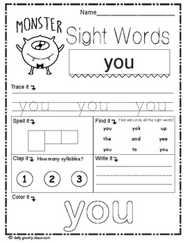 sight words worksheet set 1 frys 100 monster by