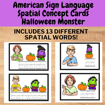 Preview of Monster Spatial Concepts Preposition Worksheets - ASL Halloween Vocab Cards