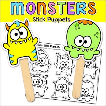 Preview of Monsters Stick Puppets Coloring Page