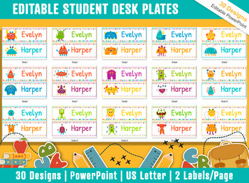 Preview of Monster Student Desk Plates: 30 Editable Designs with PowerPoint, US Letter Size