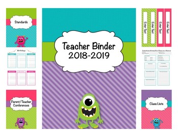 Preview of Monster Teacher Editable Binder 2018 - 2019 (Covers, Spines, Forms & Calendars)