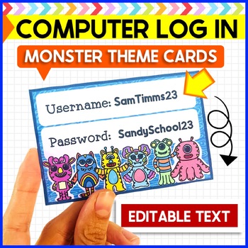 Preview of Monster Theme Computer Log in cards EDITABLE TEMPLATE