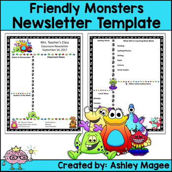 Preview of Editable Friendly Monster Themed Classroom Teacher Newsletter Template
