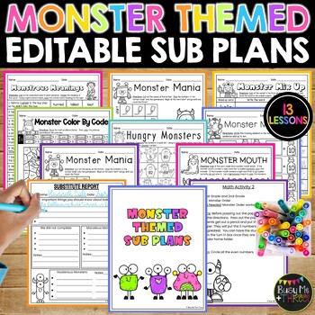 Preview of Monster Themed Math and ELAR Editable Sub Plans | NO PREP Activities