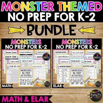 Preview of Monster Themed No Prep Math and ELAR BUNDLE | Worksheets Kinder | 1st | 2nd