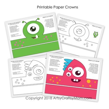 Monster Themed Printable Paper Hats- Color + Black & white version