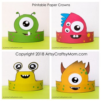 Preview of Monster Themed Printable Paper Hats- Color + Black & white version
