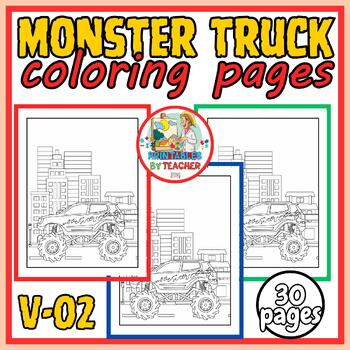 Preview of back to school Monster Truck Coloring Pages | 30 Printable Coloring Sheets v-02