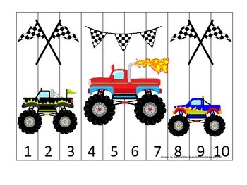 Preview of Monster Truck themed Number Sequence Puzzle child learning activity.  Game.