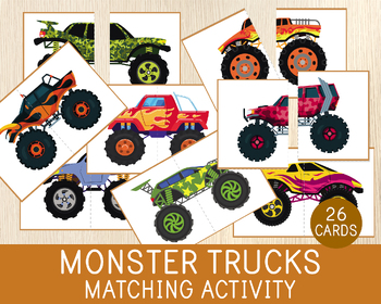 Preview of Monster Trucks Matching Activity, 26 Puzzles, Party Game, Matching Skills