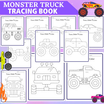 Preview of Monster Trucks Tracing & Coloring Pages | Pencil Control, Handwriting Practice.