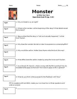 monster walter dean myers quiz