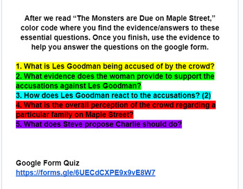Preview of Monsters Are Due on Maple Street-Studysync-Google Doc Questions-Grade 7