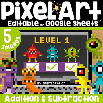 Preview of Pixel Art Math Addition and Subtraction Facts: Monsters Theme After Halloween