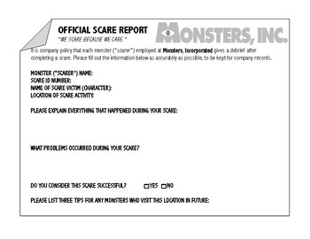 Monsters Inc Literary Characterization Activity by LakeLifeELA TPT