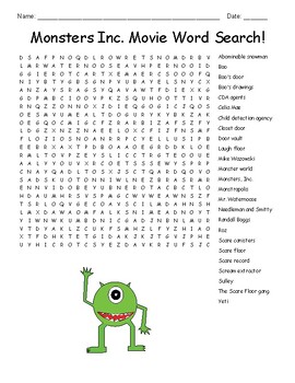 Preview of Monsters Inc. Movie Word Search!