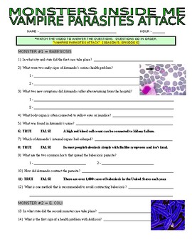 Preview of Monsters Inside Me : Vampire Parasites Attack (biology video worksheet / sub)