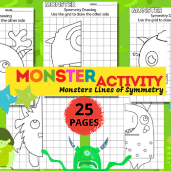 Preview of Monsters Lines of Symmetry|Halloween,Animals Lines of Symmetry Drawing Activity