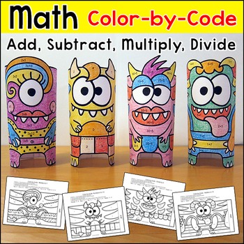 Preview of Monsters Math Craft Color by Number, Addition & Subtraction - Fun Art Center