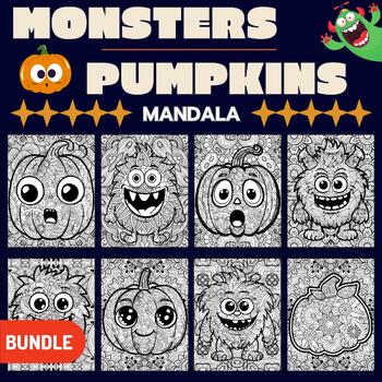 Preview of Monsters & Pumpkins Mandala Coloring Pages - Fun October Activities - BUNDLE