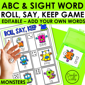 Preview of Editable Sight Word Games and ABC Center Activity | Roll, Say, Keep Monsters
