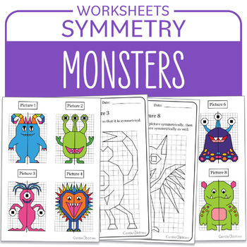 Preview of Monsters Symmetry Back to School Halloween Activity Math Centers Bulletin Board