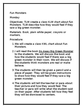Preview of Monsters Theme Pre-K Lesson Plans