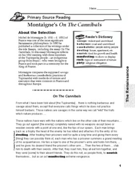 Preview of Montaigne On the Cannibals Primary Source Worksheet