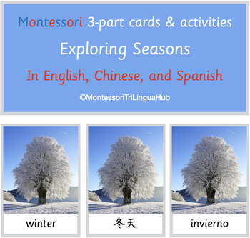 Preview of Montessori 3-part cards and activities-Seasons In English, Chinese, and Spanish