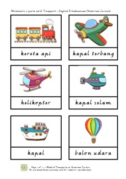 Preview of Montessori 3 parts cards - Transport - English and Bahasa Indonesia
