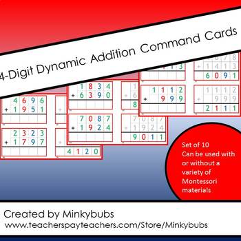 Preview of Montessori Addition Math Dynamic 4 Digit 10 Command Cards with Control of Error