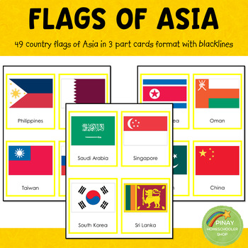 Preview of Montessori Asian Flags in 3 Part Cards and Blackline Masters