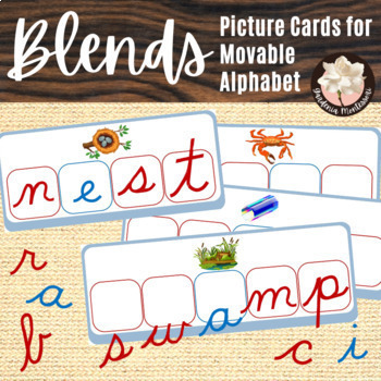 Preview of Montessori Blends Picture Cards Cursive Movable Alphabet Montessori Blue Series