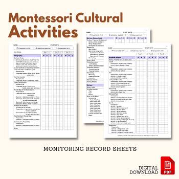 Preview of Montessori CULTURAL Activities Monitoring Record Sheet Scope & Sequence