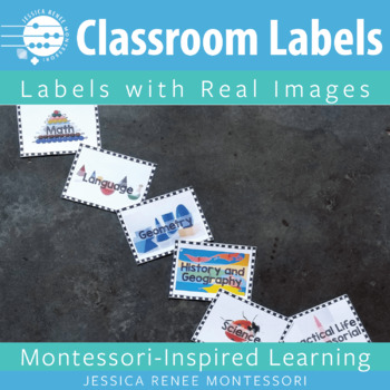 Preview of Montessori Classroom Centre Labels with Real Pictures, Subject Area Organization