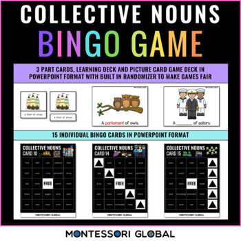 Preview of Montessori | Collective Noun Bingo | PowerPoint and Boom Cards | 3 Part Cards