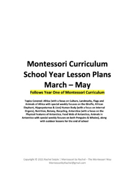Preview of Montessori Curriculum School Year Lesson Plans March - May **Year One**
