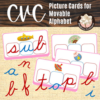 Preview of Montessori Cursive CVC Picture Cards Movable Alphabet - Montessori Pink Series