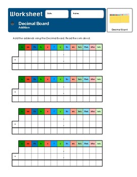 Preview of Montessori Decimal Addition Worksheet