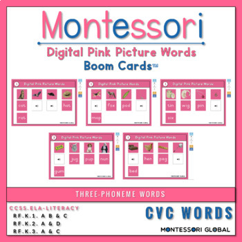Preview of Montessori | Digital Pink Pictures + Words | Boom Cards™ | CVC Words | A,E,I,O,U