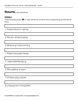 Preview of Montessori Grammar - Nouns - Spring Sentences 1 - Level 0