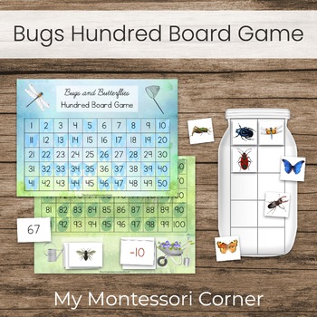 Preview of Montessori Hundred Board Math Game, Bugs & Butterflies Kindergarten Activity