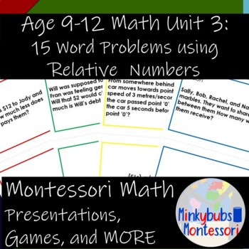 Preview of Montessori Math COMMAND CARDS ONLY Relative Numbers Word Problems MATH 2 UNIT 3