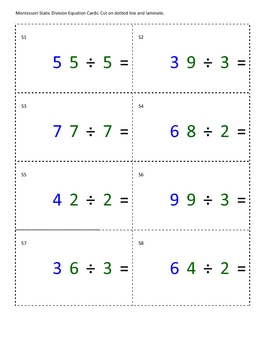 Preview of Montessori Math Division Equation Cards- Static