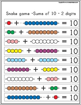 Preview of Montessori Math Beads Snake Game Sums of 10  -  2 digits
