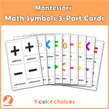 Preview of Montessori Math Symbols 3-Part Cards (Nomenclature Cards) 9 Color Choices