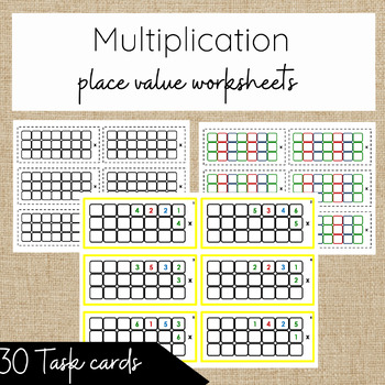 Preview of Montessori Multiplication- task and control cards, place value worksheets.