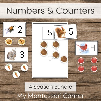Preview of Montessori Numbers & Counters 4 Seasons, Preschool Math Correspondence Activity
