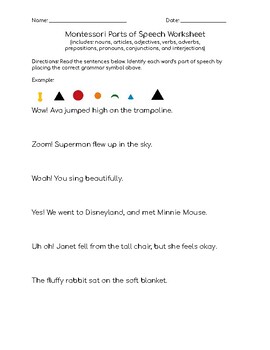 Preview of Montessori Parts of Speech Worksheet (all nine parts of speech)