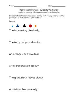 Preview of Montessori Parts of Speech Worksheet - Article, Adjective, Noun, Verb, & Adverb